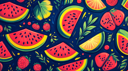 Aufkleber - Brightly colored slices of watermelon and strawberries are scattered on a dark background, creating a vibrant summer atmosphere suitable for various decorative uses