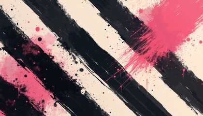 Aufkleber - Modern illustration of grunge textures with black, pink color splashes. Dynamic striped wallpaper. Artistic canvas with paint strokes, ink spots. Brushstroke elements, vintage, decorative design.