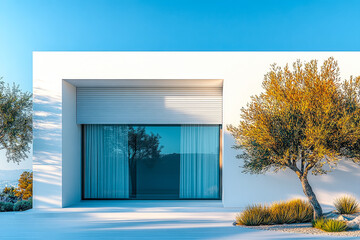 Poster - A sleek, modern house with large windows is framed by olive trees under a bright blue sky, illustrating a serene outdoor atmosphere