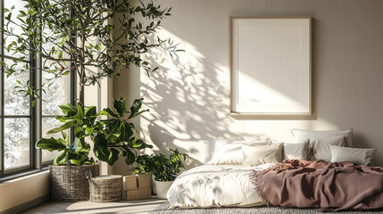 Poster - The setup features a comfortable bed surrounded by greenery and soft sunlight pouring through the window, enhancing the tranquil ambiance