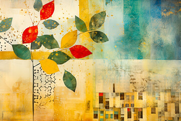 Fototapete - A colorful abstract display showcases leaves in red, yellow, and green alongside textured geometric patterns in blue and beige