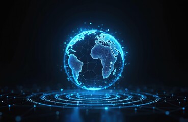 Fototapete - Abstract glowing blue digital globe with network connections. Futuristic design represents global communication, artificial intelligence, cyberspace. Electronic interface features line, point data,