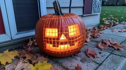 Poster - Halloween pumpkin with carved face glowing warmly on porch surrounded by autumn leaves
