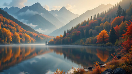  Serene Autumnal Lake Nestled In A Majestic Mountain Valley, Reflecting Vibrant Foliage In A Tranquil, Misty Sunrise Isolated on Transparent Background