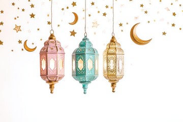 Wall Mural - Elegant Pastel Lanterns with Crescent Moons Minimalist Ramadan and Eid Design