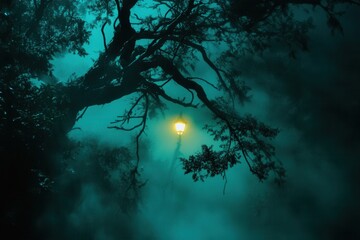 Poster - Misty dark forest with eerie fog and a glowing street lamp in the distance creates a suspenseful atmosphere