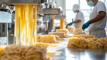 Aufkleber - In a bustling kitchen factory, skilled workers in protective gear manage the pasta production line, skillfully handling fresh noodles as they flow from machinery, ensuring quality and efficiency.