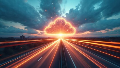 Fototapete - Road with light trails leads to cloud icon against sunset. Cloud computing with abstract high speed tech POV motion blur for data and networking connection. Digital cyberspace concept.