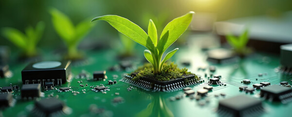 Poster - Green plant grows from computer motherboard. Green sprout germinates on microchip. Concept eco tech, nature revitalization, sustainable, digital transformation, renewable energy. Growing innovation.