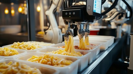 Leinwandbilder - Robotic arms expertly dispense pasta and sauce into containers on an automated production line.