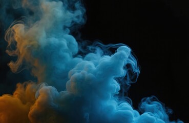 Aufkleber - Smoke background features blue, yellow clouds. Steam, fog on black backdrop. Cloudscape with gradient neon mist. Magic haze glow for graphic design. Abstract wallpaper with colour smoke.