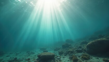 Aufkleber - Underwater view of sunlight through water surface. Sun rays shine into deep blue sea. Rocky seabed with sand. Marine nature scenery with light beams creates a relaxing mood.