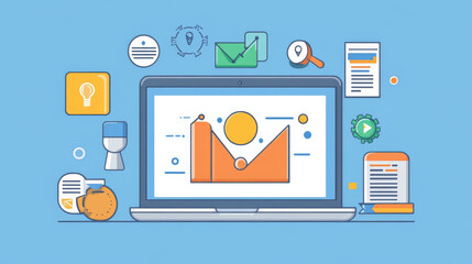 Wall Mural - programming or software development abstract concept. top view at screen laptop with business icons,