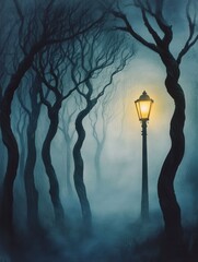 Poster - Misty forest at night with eerie fog and glowing street lamp creating suspenseful atmosphere