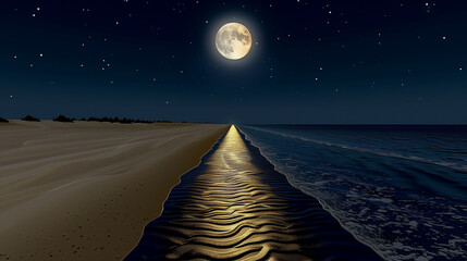 Wall Mural - a glowing full moon illuminates the night beach. golden reflections shimmer on the calm ocean, enhan