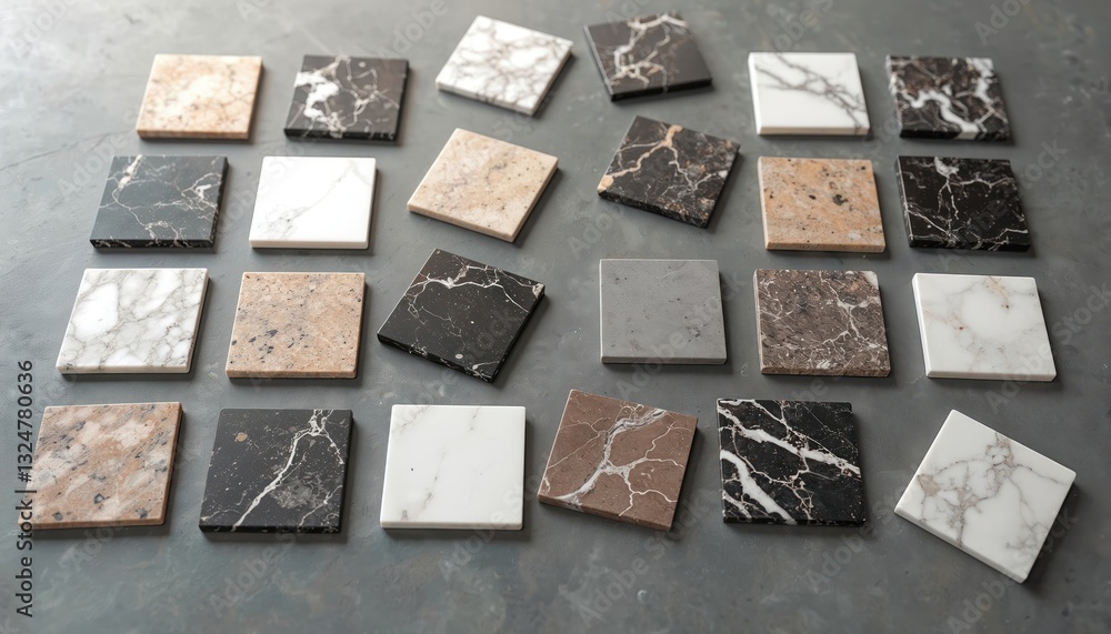 Square samples array of countertop materials. Marble, granite patterns ...
