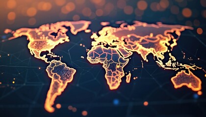 Poster - Global business expansion, horizon on world map, showing interconnected continents. International CRM software development, diverse team collaboration, innovative strategies for client relationship