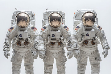 Wall Mural - Three American astronauts in full white spacesuits helmets reflecting light stand against a plain background ready for space exploration.