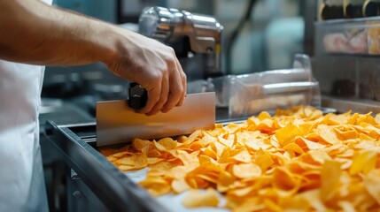 Poster - In a modern production facility, workers utilize advanced ai technology to slice and prepare vibrant orange chips. The process emphasizes efficiency and quality in food manufacturing.