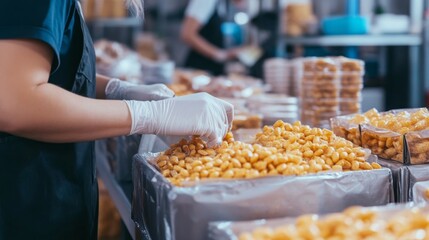 Poster - A worker processes food products on a production line, focusing on quality during packaging. The environment is bustling with activity as technology aids in streamlining the workflow.