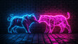 © Ruhi - Image of a bull and bear made of neon lamps on a background in the form of a dark brick wall. Stock Market logo or emblem with bright neon light.