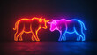 © Ruhi - Image of a bull and bear made of neon lamps on a background in the form of a dark brick wall. Stock Market logo or emblem with bright neon light.