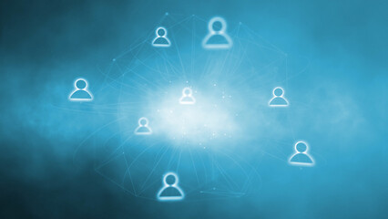 Wall Mural - blue foggy light with digital icon person symbols background illustration.