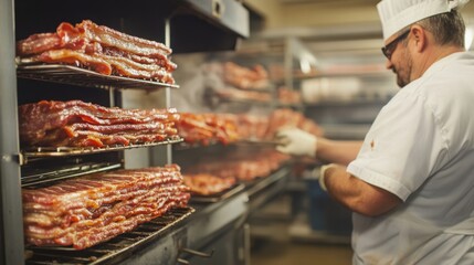 Aufkleber - In a bustling food production facility, a skilled worker expertly tends to racks of smoked meat. This process highlights the use of modern techniques and technology to ensure high-quality products.