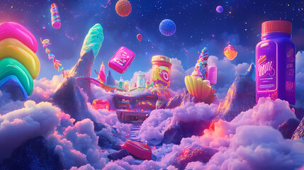 Wall Mural - Surreal floating consumer products in lucid dream landscape with vibrant neon colors and psychedelic pop art aesthetic. Ambient Fluorescence. Illustration