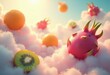 © Yaroslava - floating colorful fruits surrounded ethereal clouds resembling dreamy atmospheric space, apples, bananas, berries, blueberries, cherries, citrus