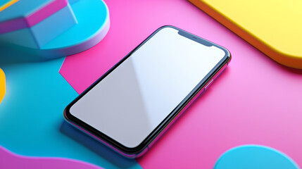 Phone with empty screen is on the table or reflection surface. Smartphone lies on desktop. 3d Isometric realistic illustration of phone with neon shapes on background. Mock up cellphone rotated angle