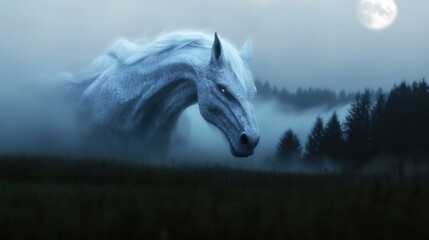 Wall Mural - a magnificent white horse rises from the dense fog surrounding an enchanting forest. the full moon c
