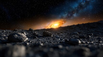 Wall Mural - rocky landscape fills the foreground as a bright, swirling galaxy illuminates the horizon. stars twi