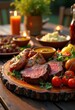 © Yaroslava - visual presentation stylized meat plate featuring diverse condiments complementary sides culinary inspiration, appetizer, salad, savoriness, aesthetic