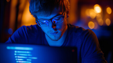 Wall Mural - program code create on laptop on programmer workplace. coding, optimization and testing app, site on