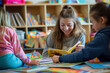 © ExF Designs - An attentive nursery teacher reading a vibrant picture book at a daycare center.
