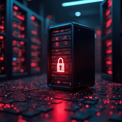 Aufkleber - Futuristic data server with glowing security lock, cybersecurity, data protection, encryption in modern tech. Dark background. Server room, rack arrays. Concept of digital safety, cloud technologies.