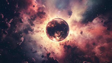 earth surrounded by stars, nebula clouds in space. ecliptic light. illustration