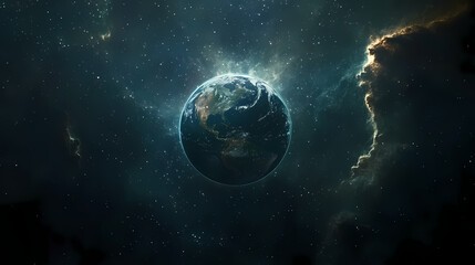 earth surrounded by stars, nebula clouds in space. ecliptic light. illustration