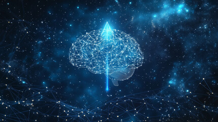 Arrow up and human brain. Technological concept. Low poly blue. Polygonal abstract illustration. Low poly vector illustration of  starry sky or Cosmos. Vector image in RGB Color mode. Biohacking theme