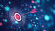 © Ruhi - Target and arrow on pc monitor screen. Low poly wireframe digital vector illustration. Abstract digital marketing and technology innovation in management concept. Polygons particles and connected dots