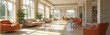 © miss irine - Bright spacious interior view of assisted living residence. Orange chairs, beige sofas provide comfortable seating near large windows. Dining tables, bookshelves add touch of home, quarter for