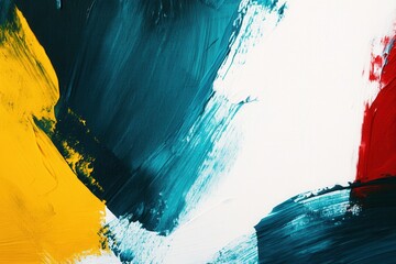 Fototapete - Bold abstract paint strokes in teal, yellow, and red accompanied by a clean white space for inspirational text placement