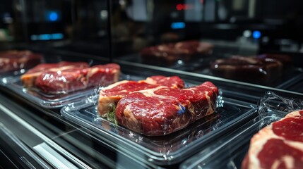 Aufkleber - Freshly packaged meat cuts are showcased in a sleek food production line. The environment is clean and organized, emphasizing efficiency and quality in food processing.