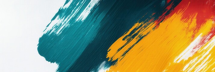 Leinwandbilder - Bold abstract strokes create an inspiring backdrop of teal, yellow, and red with ample white space for creative text placement