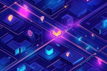 Poster - Futuristic delivery map showcasing tracking routes and glowing pathways in a digital city environment for efficient navigation