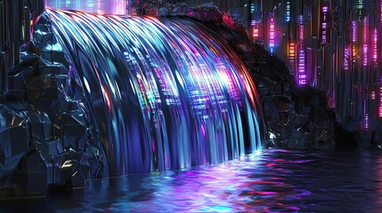 A cybernetic waterfall cascading liquid chrome that refracts countless vibrant colors