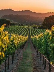 Aufkleber - Vineyard rows bathed in warm orange sunset light in a lush landscape