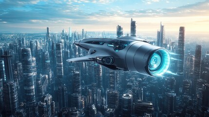 Aufkleber - Stylish futuristic spaceship hovers over a vibrant cityscape during sunset with a glowing engine illuminating the skyline