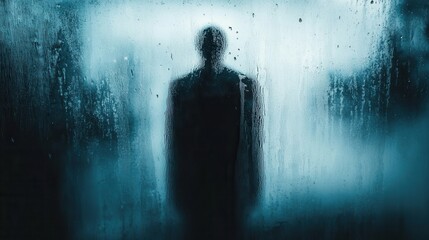 Aufkleber - Melancholic reflections on a rainy day, showcasing a lonely figure behind a misty window in soft blue and gray tones